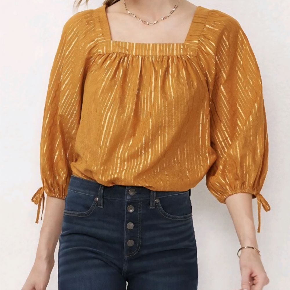 LC Lauren Conrad | Square Neck Tie Sleeve Metallic Peasant Top Gold 3/4 Sleeve